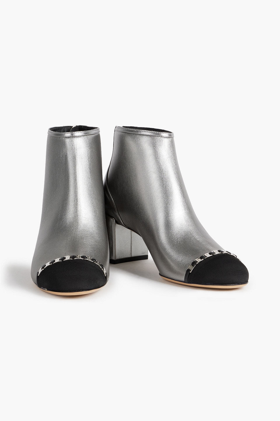 SALVATORE FERRAGAMO silver booties with black toe cap