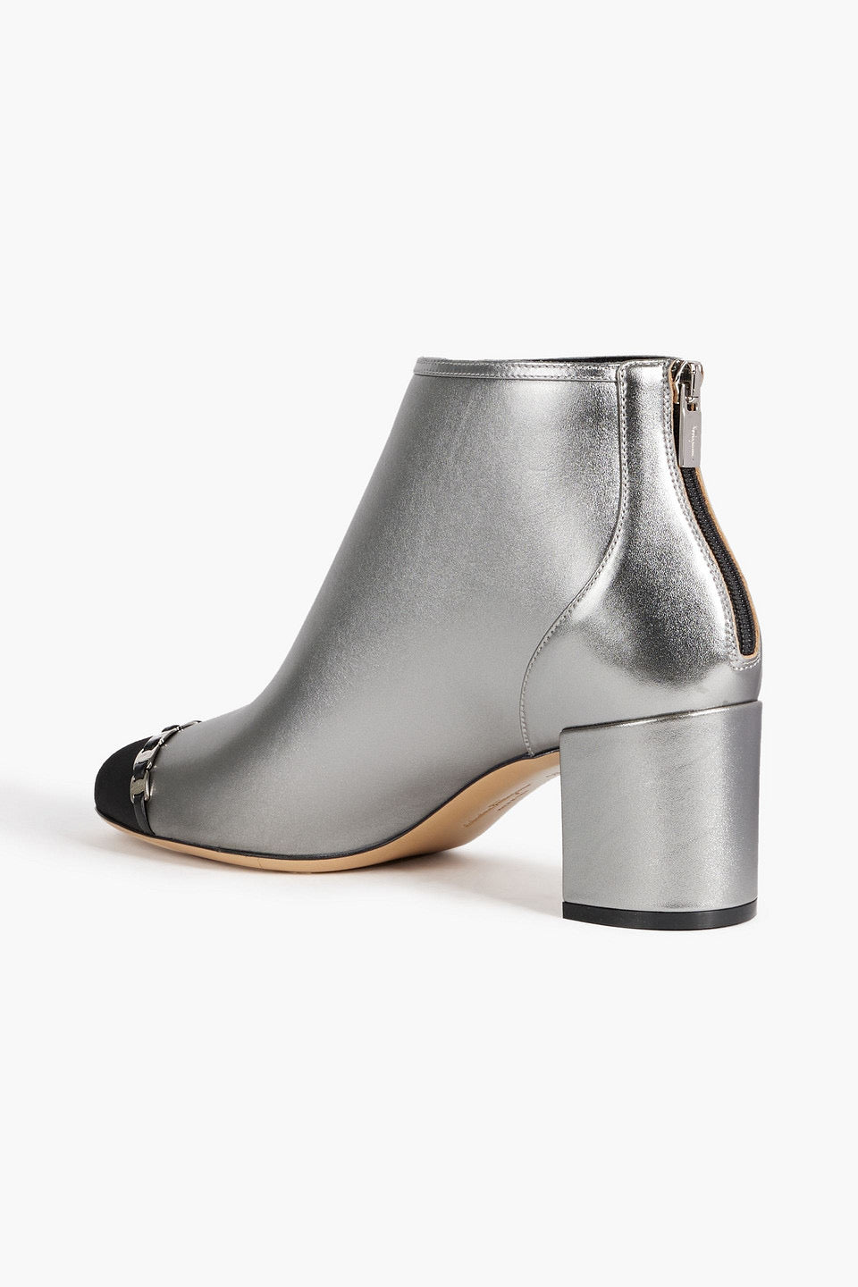 SALVATORE FERRAGAMO silver booties with black toe cap