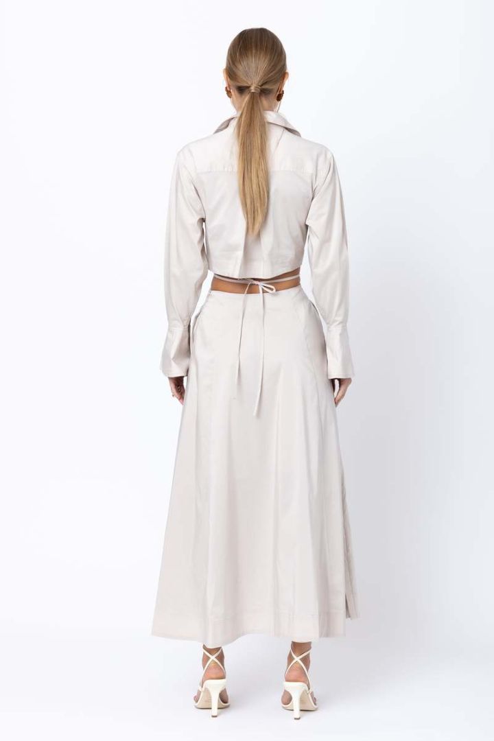 JONATHAN SIMKHAI collared long sleeve beige long dress with waist cutout