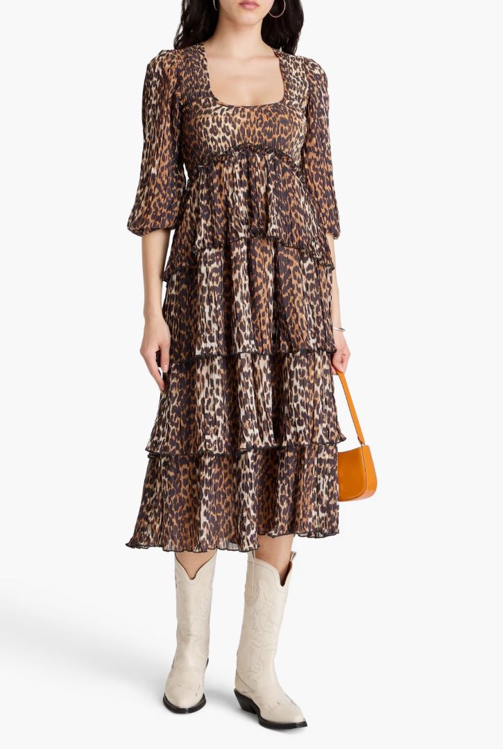 Ganni -Tiered leopard-print Georgette Dress