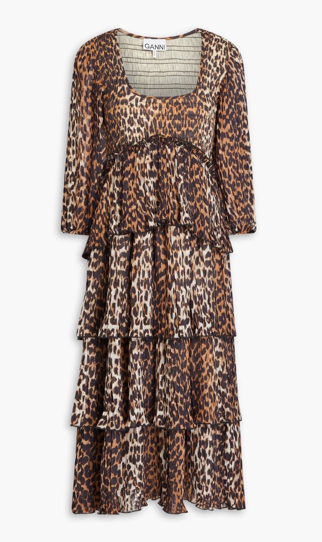 Ganni -Tiered leopard-print Georgette Dress