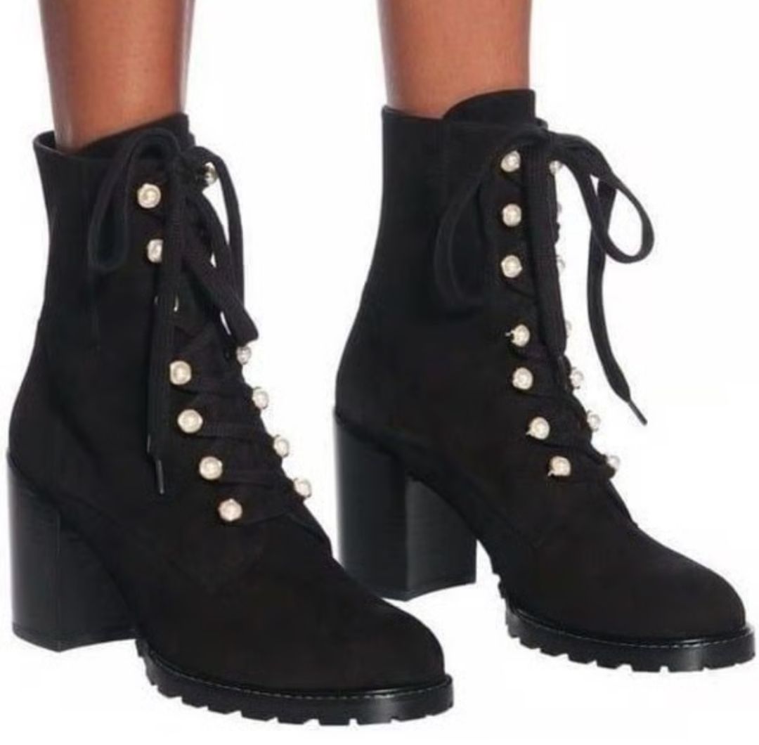 Stuart Weitzman- Ivey Lace Up Booties w/Pearls