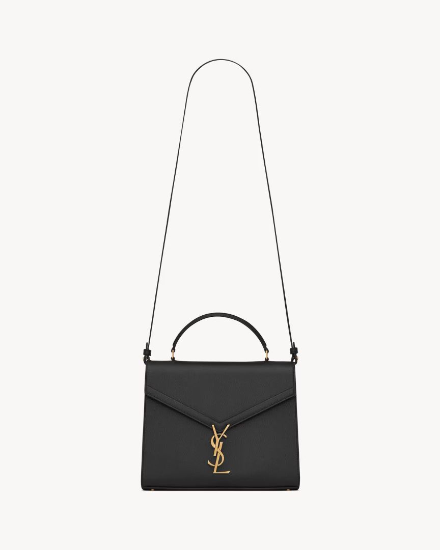 Black Saint Laurent Cassandra medium top handle bag in grain de poudre embossed leather, M
