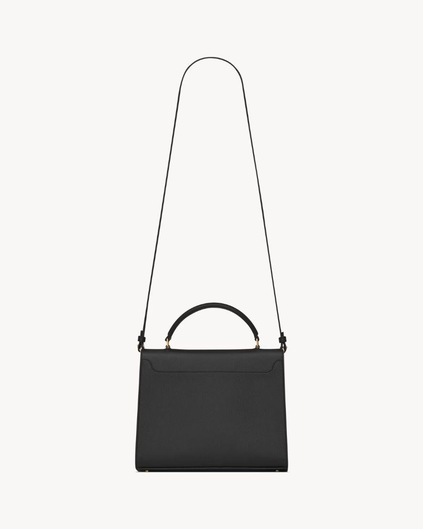 Black Saint Laurent Cassandra medium top handle bag in grain de poudre embossed leather, M