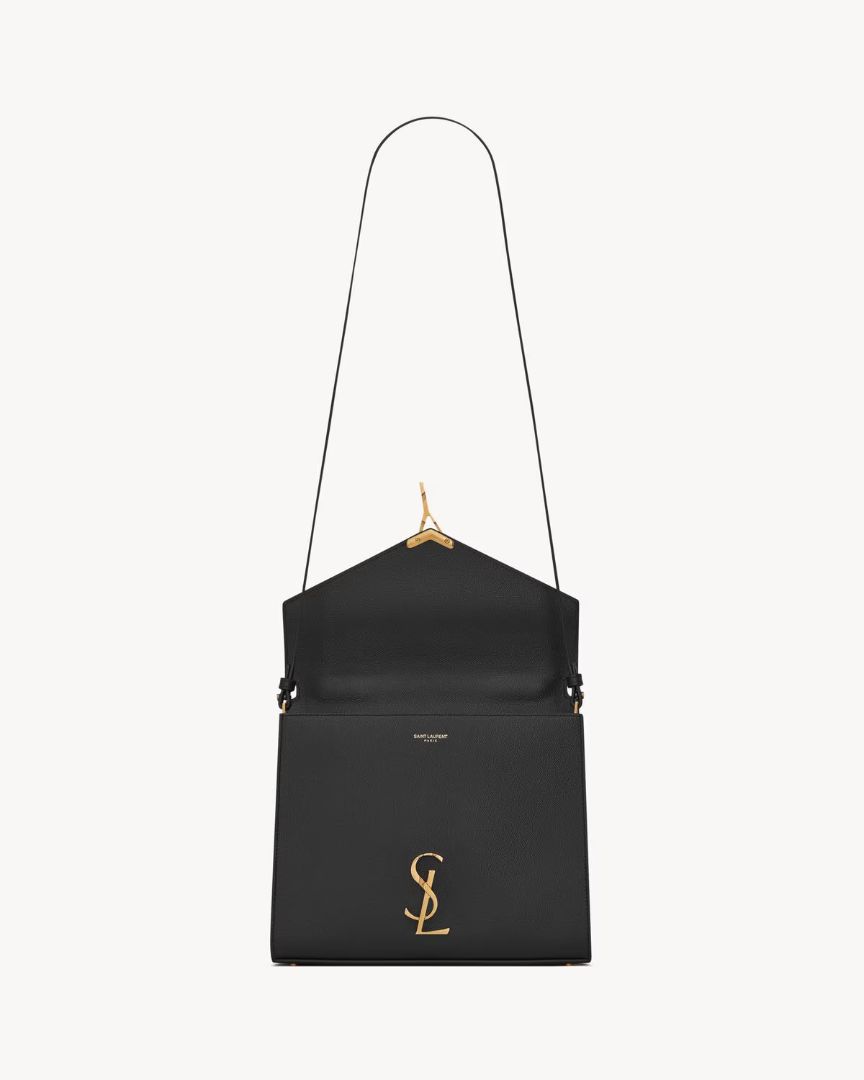 Black Saint Laurent Cassandra medium top handle bag in grain de poudre embossed leather, M