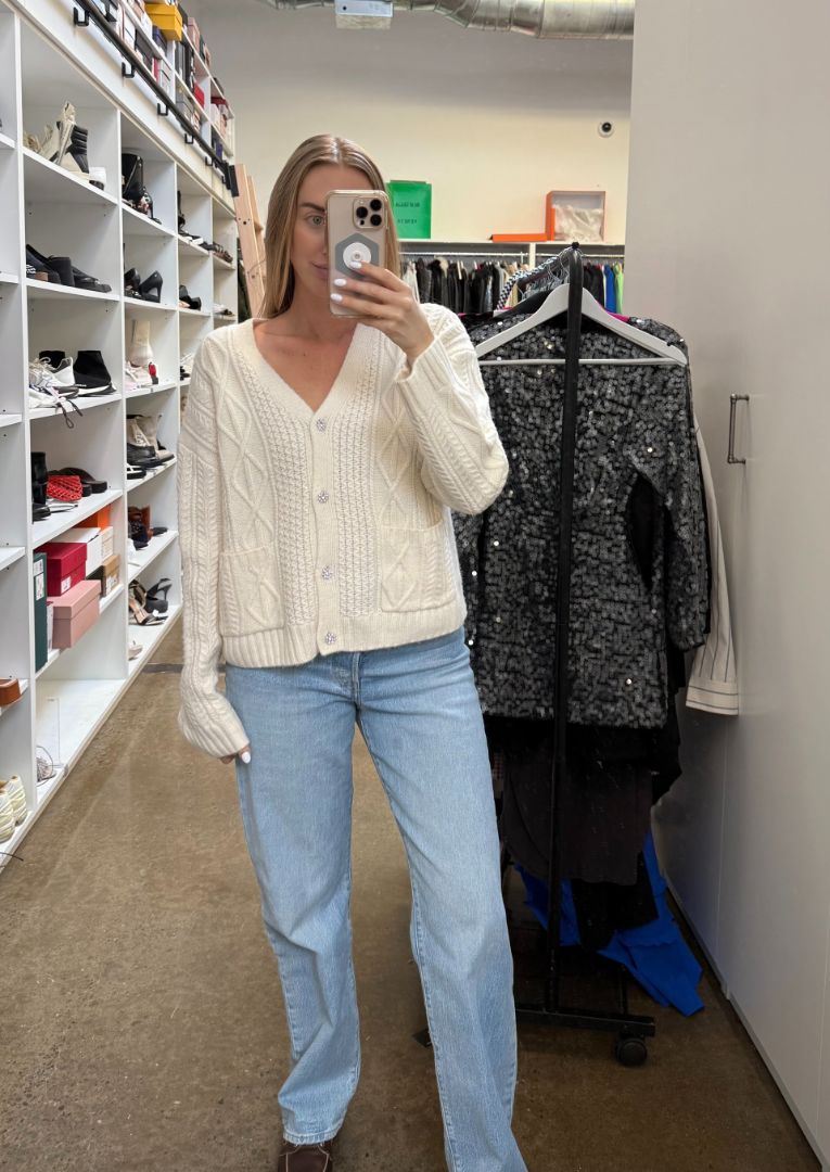 RAILS cream knit cardigan with jeweled buttons