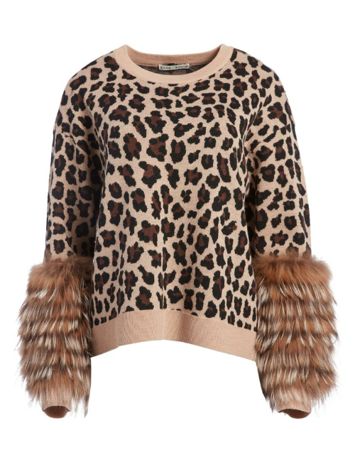 ALICE AND OLIVIA leopard print sweater with fur sleeves