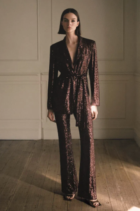 MANGO brown blazer, pants, belt sequin set