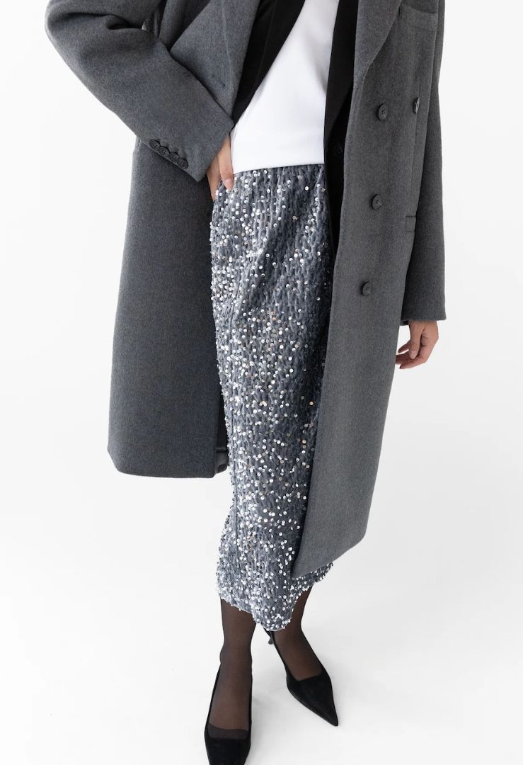 Oak + Fort grey velvet and silver sequin midi skirt NWT