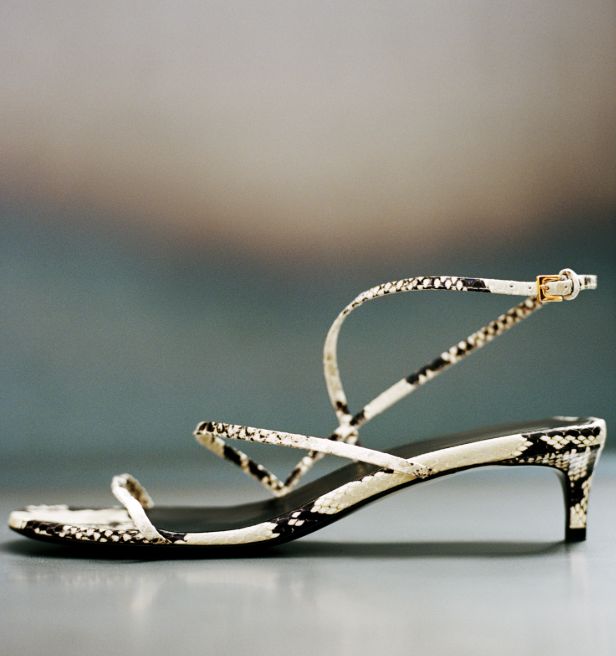 KHAITE snakeskin strappy kitten heels, white and black