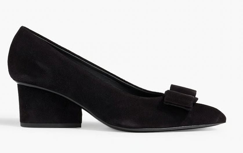 FERRAGAMO black suede heels with black suede bow