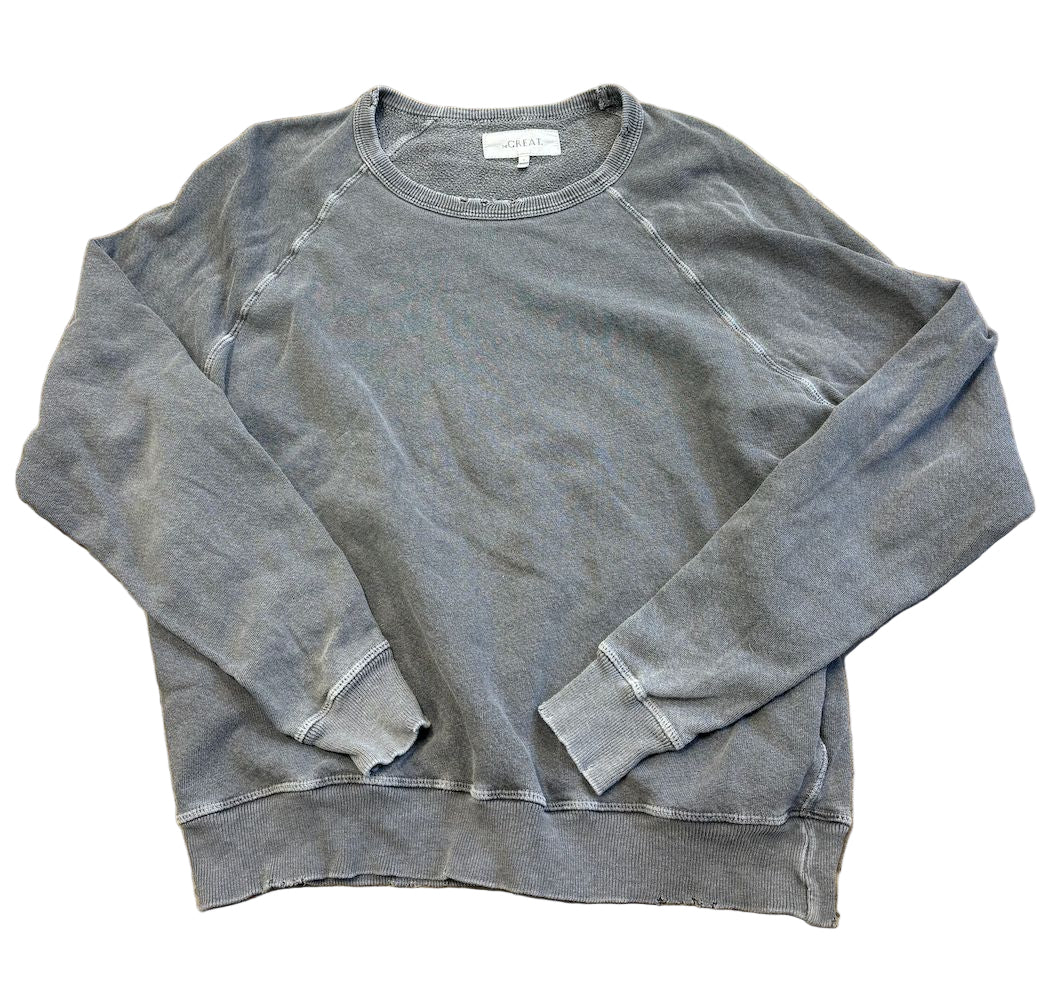 THE GREAT faded grey sweat set, crewneck, distressed rips on collar