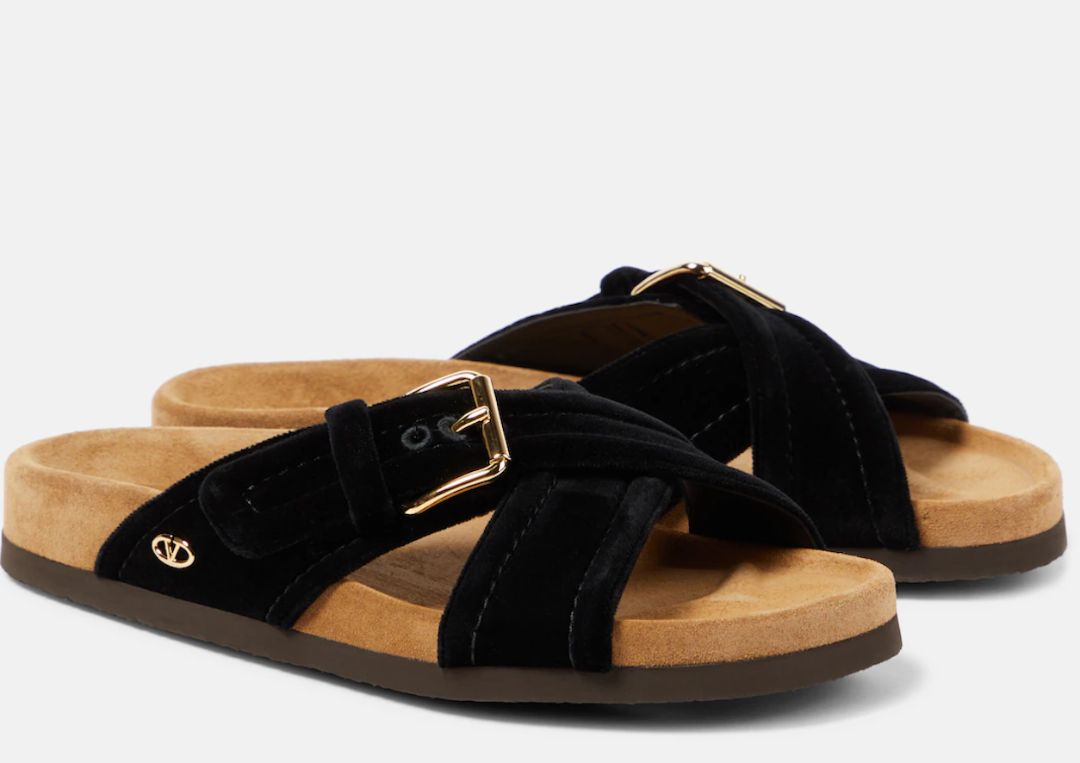 Valentino Garavani Buckled Velvet Slides in Black