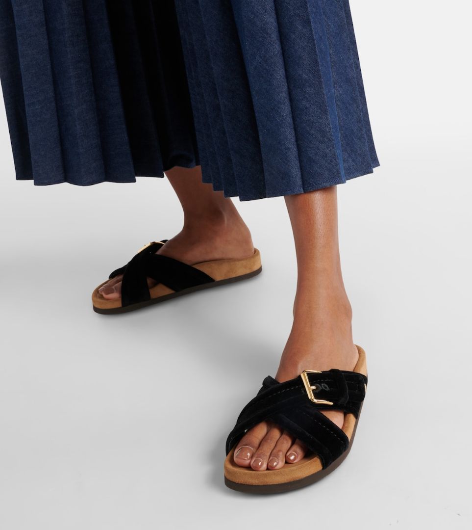 Valentino Garavani Buckled Velvet Slides in Black