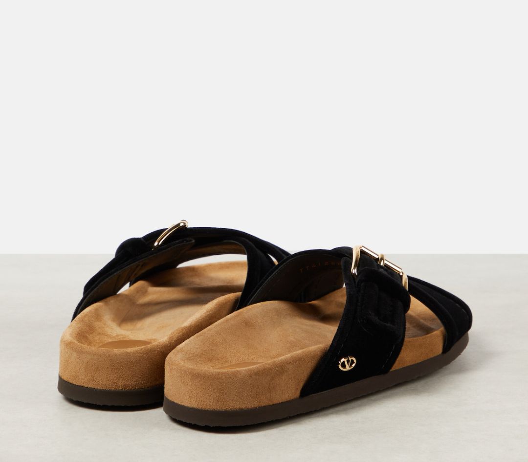 Valentino Garavani Buckled Velvet Slides in Black