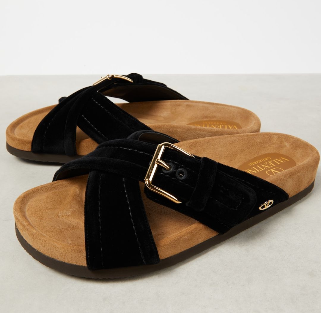 Valentino Garavani Buckled Velvet Slides in Black