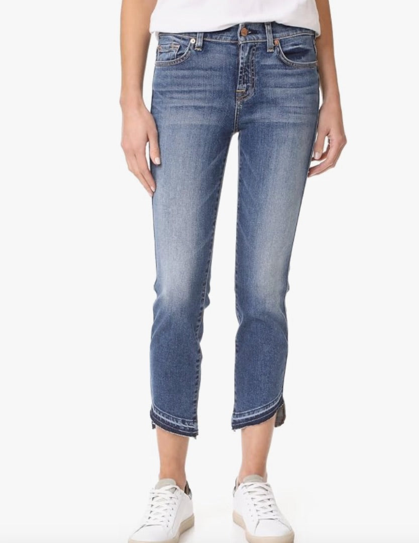 7 FOR ALL MANKIND blue classic skinny jeans NWT Roxanne ankle jeans. diagonal cut ankle hem