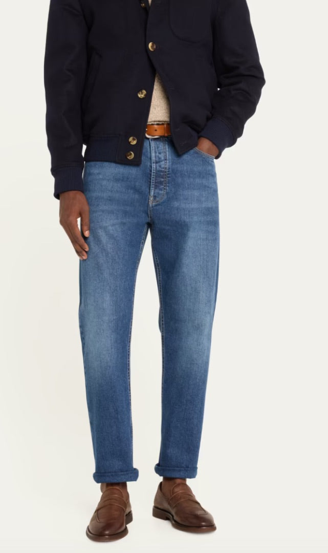 Brunello Cucinelli Blue Denim Skinny Fit Jeans with Button Fly