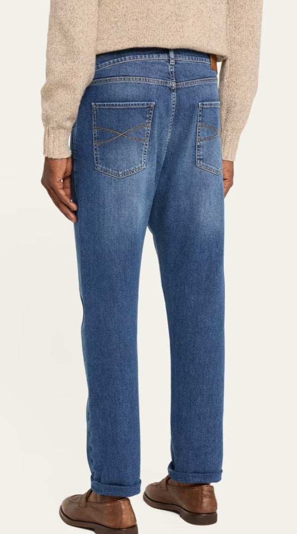 Brunello Cucinelli Blue Denim Skinny Fit Jeans with Button Fly