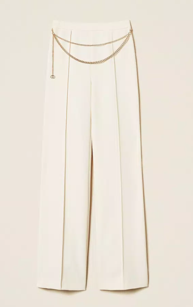 Twinset crepe cady cream pleated pants with gold chain