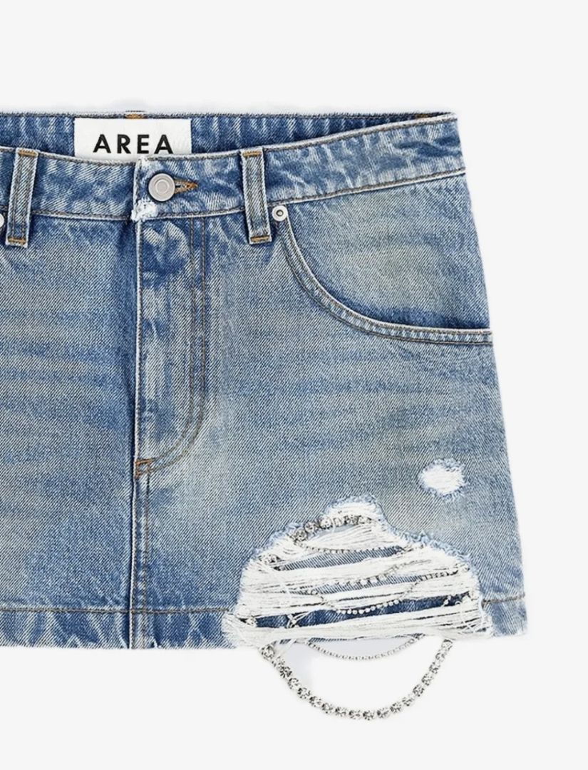 Area Crystal Fray Denim Mini Skirt