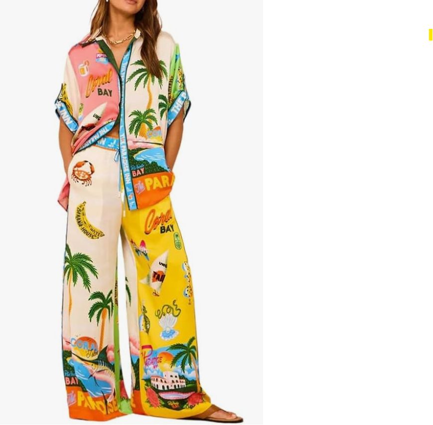 UNKNOWN BRAND Boho Satin Graffiti Print 2 Piece Sets Short Sleeve Pants Matching Sets with Pockets Hawaiian Loungewear