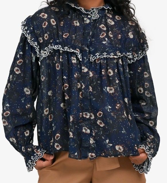 Isabel Marant Etoile Floral Print Ruffle Blouse with Eyelet Trim