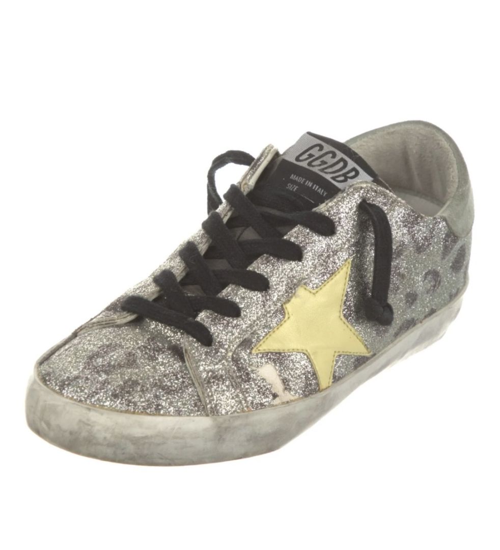 GOLDEN GOOSE Superstar Sneakers, Silver Sparkle Leopard with Yellow Star
