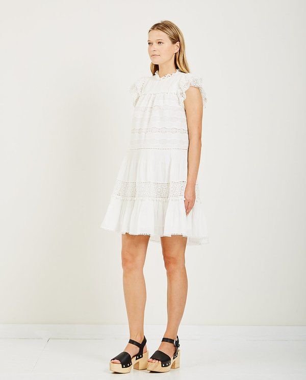 ULLA JOHNSON white lace cotton mock neck ruffle sleeve dress