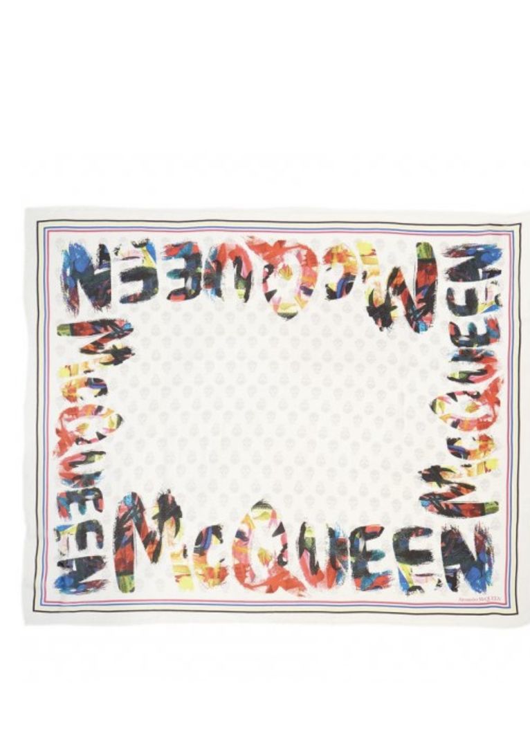 Alexander McQueen White Skull Scarf with Multicolour Writing