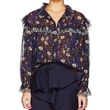 Isabel Marant Etoile Floral Print Ruffle Blouse with Eyelet Trim
