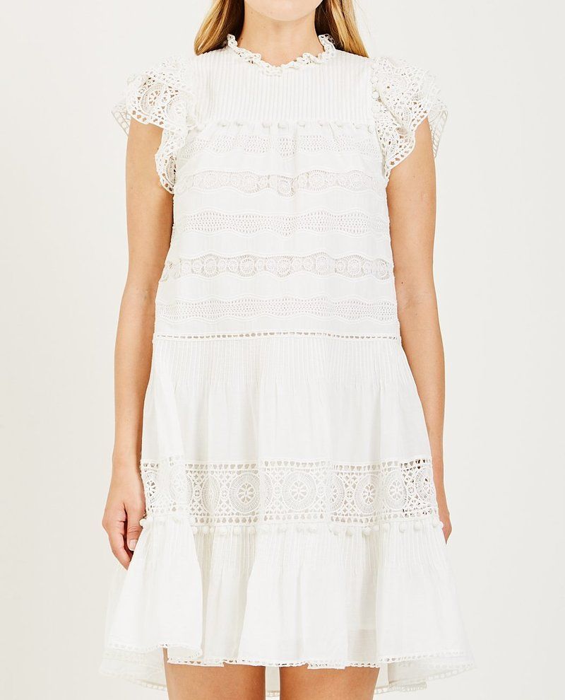 ULLA JOHNSON white lace cotton mock neck ruffle sleeve dress