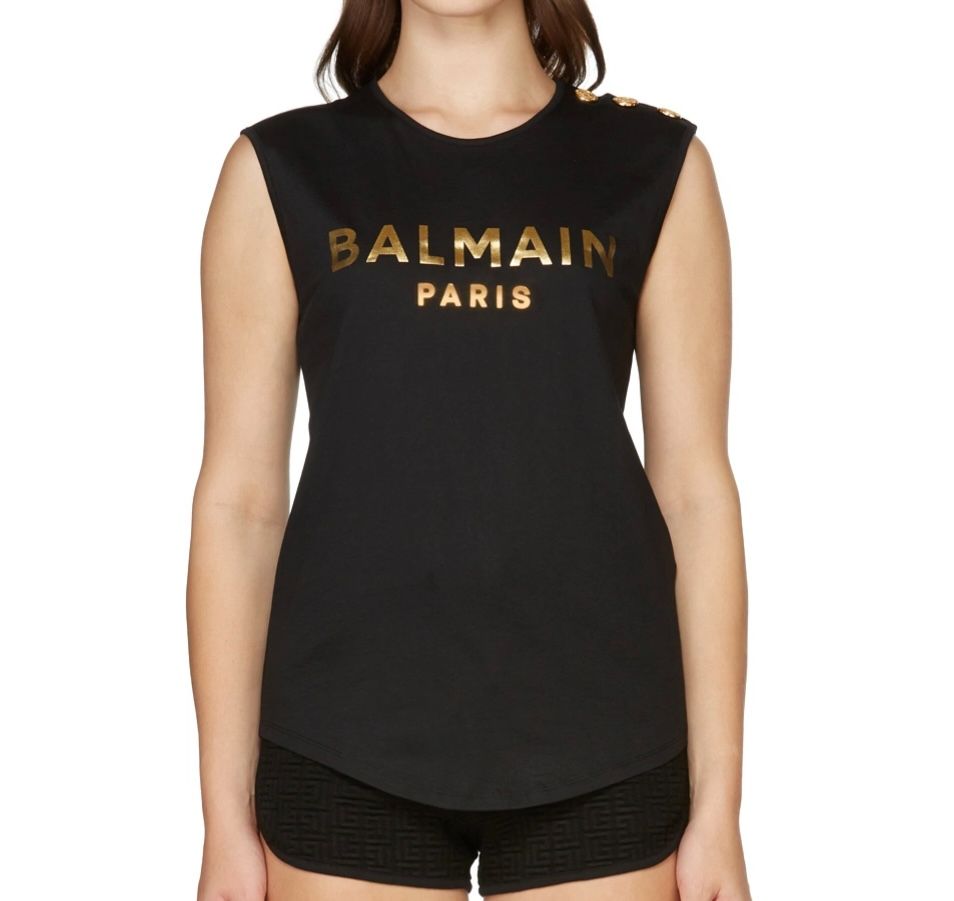 Balmain Black Muscle Tank with Gold Logo & Buttons