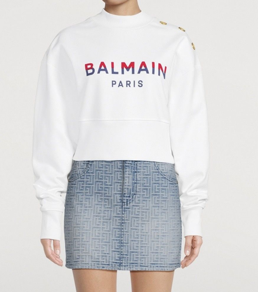 Balmain White Mock Neck Sweater with Red/Blue Logo