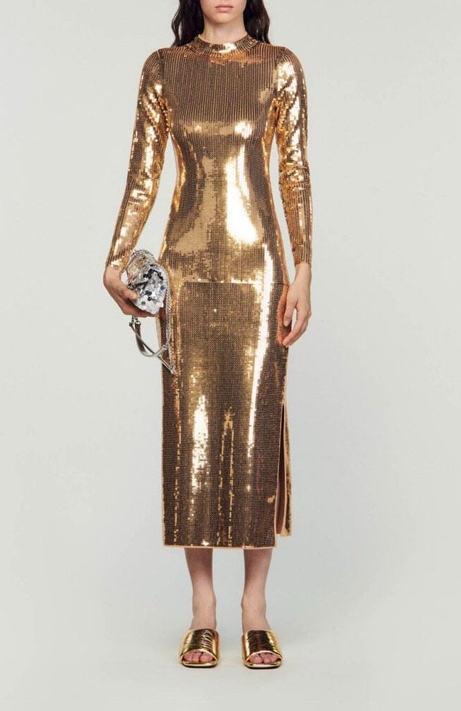 SANDRO Sequin Midi Dress with Open back