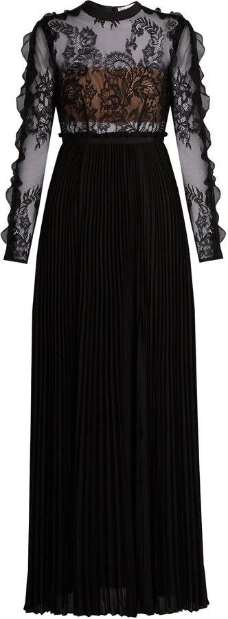 SELF PORTRAIT black Moni dress NWT, long sleeve maxi lace and pleated