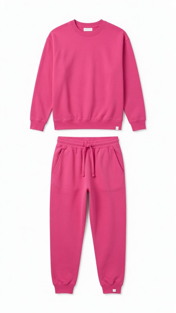 TKEES 3 piece pink set, drop crotch sweats, baggy tshirt, crew neck