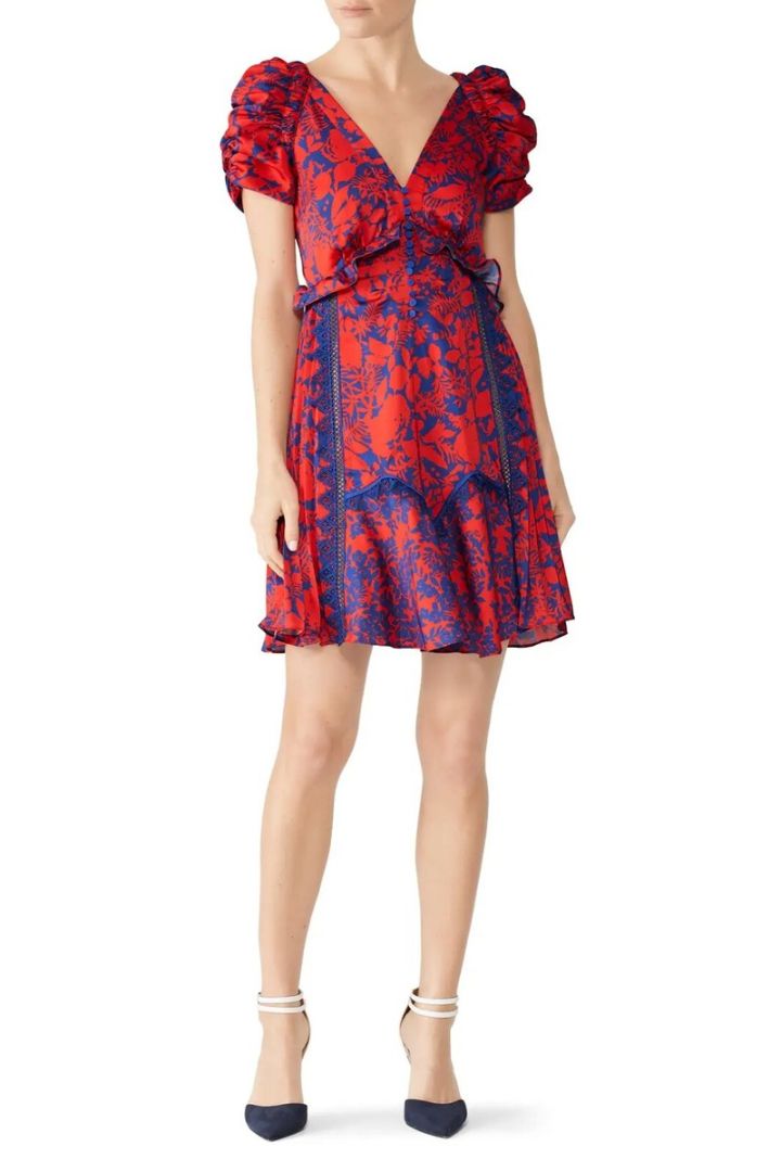 SELF PORTRAIT red and navy print mini short sleeve dress