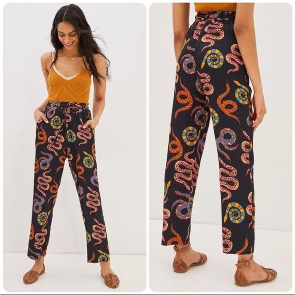 FARM RIO black baggy drawstring pant, multicolour snake pattern