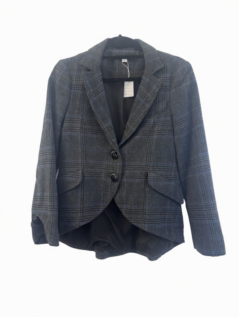 FRANCO MIRABELLI wool & cashmere blazer, grey with blue stripe, high low fit