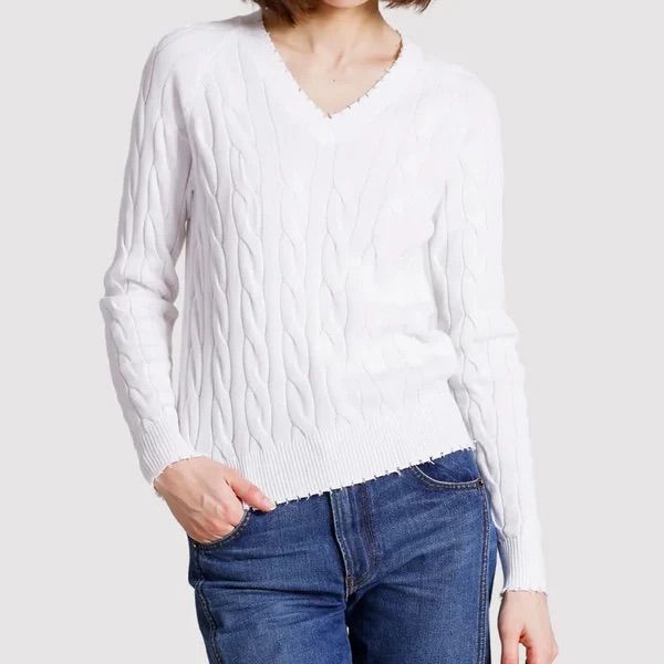 Minnie Rose White Cable Knit V Neck Distressed Top