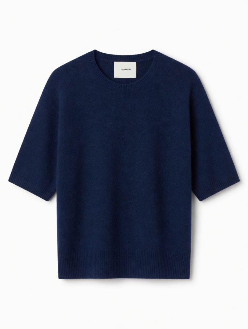 Lisa Yang Navy 100% Cashmere Short Sleeve Crew Neck Sweater