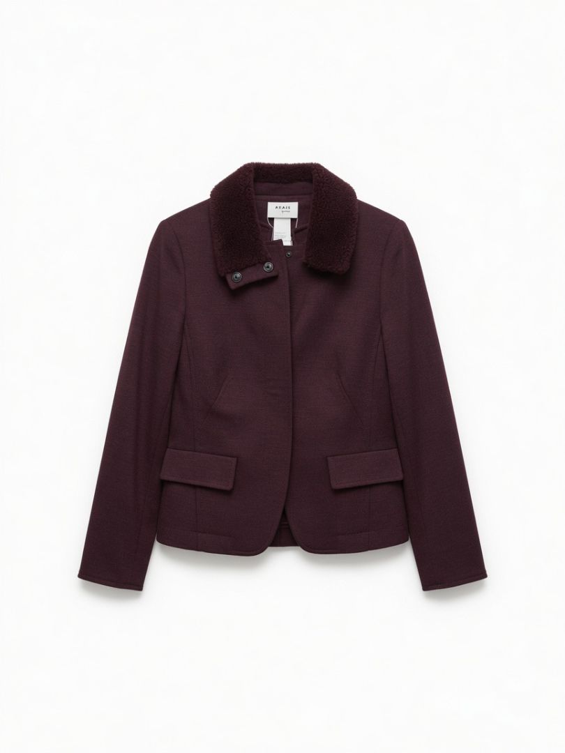 AKRIS PUNTO burgundy wool jacket with fluffy lamb collar