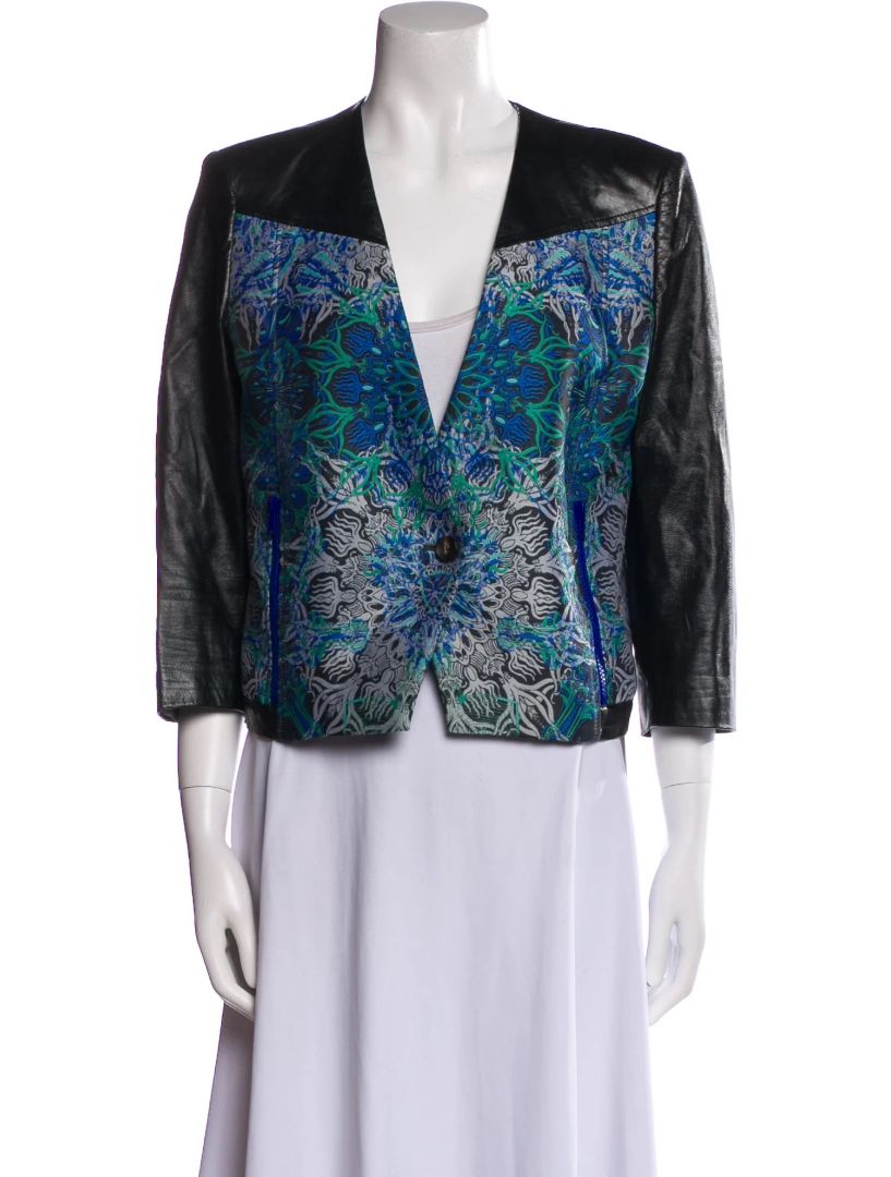 HELMUT LANG FOR INTERMIX leather jacket with blue green grey pattern on front and back