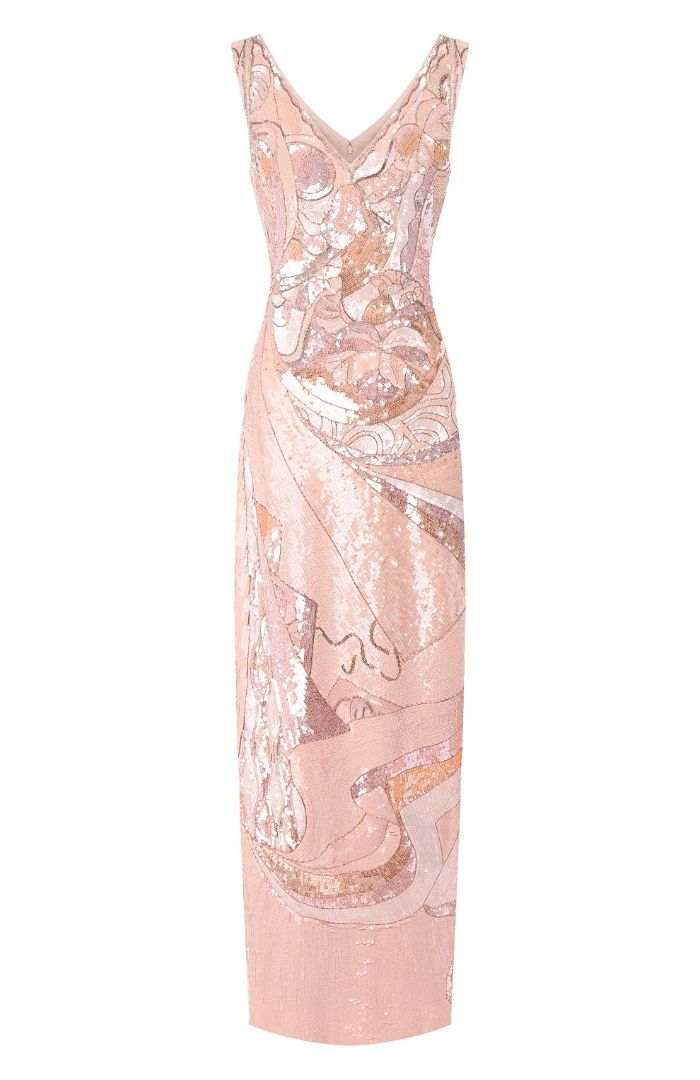 EMILIO PUCCI pink/silver/orange sequins and beaded sleeveless gown