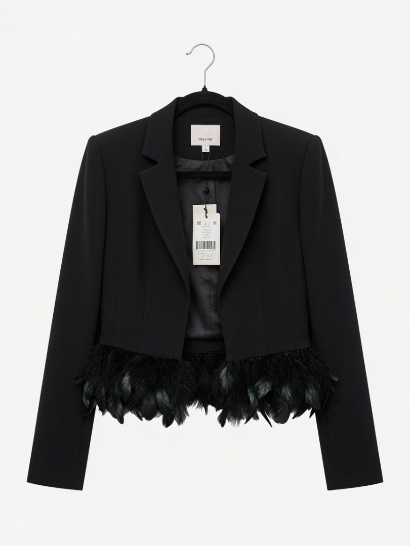 CINQ A SEPT black crop blazer with feather trim NWT helen blazer