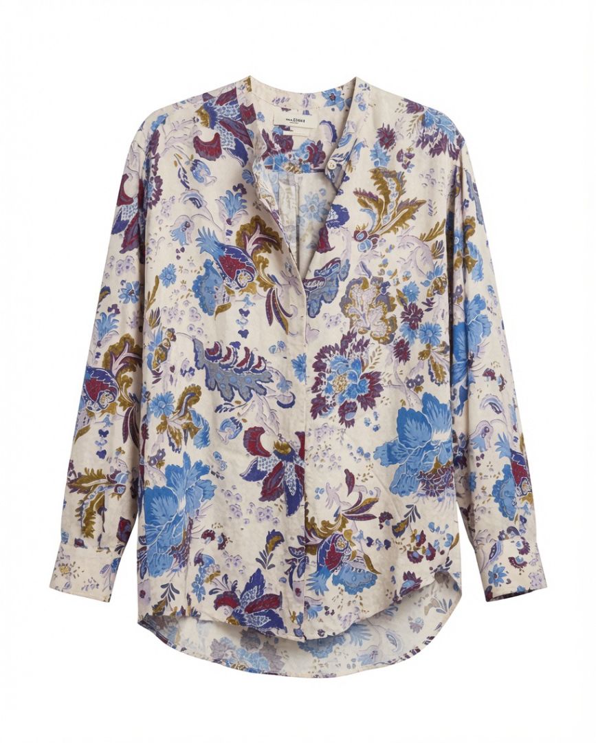 ISABEL MARANT ETOILE lilac purple long sleeve button up blouse w purple blue red floral print