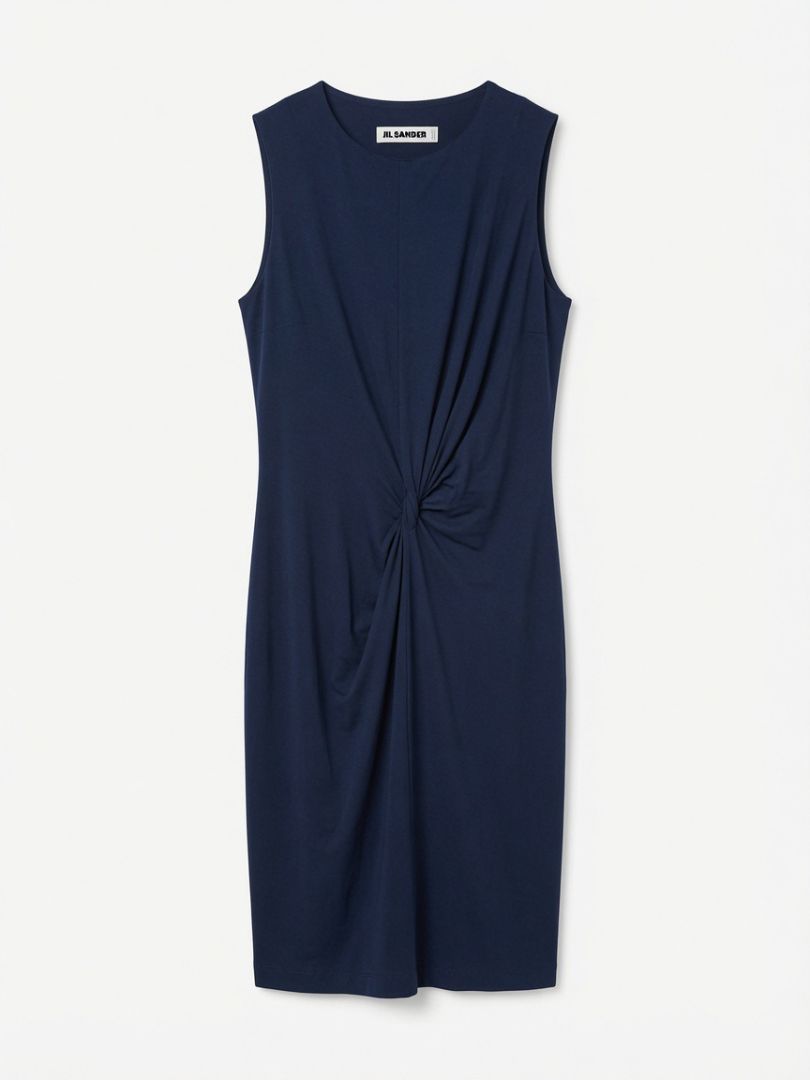 JIL SANDER navy sleeveless midi dress with twist on front