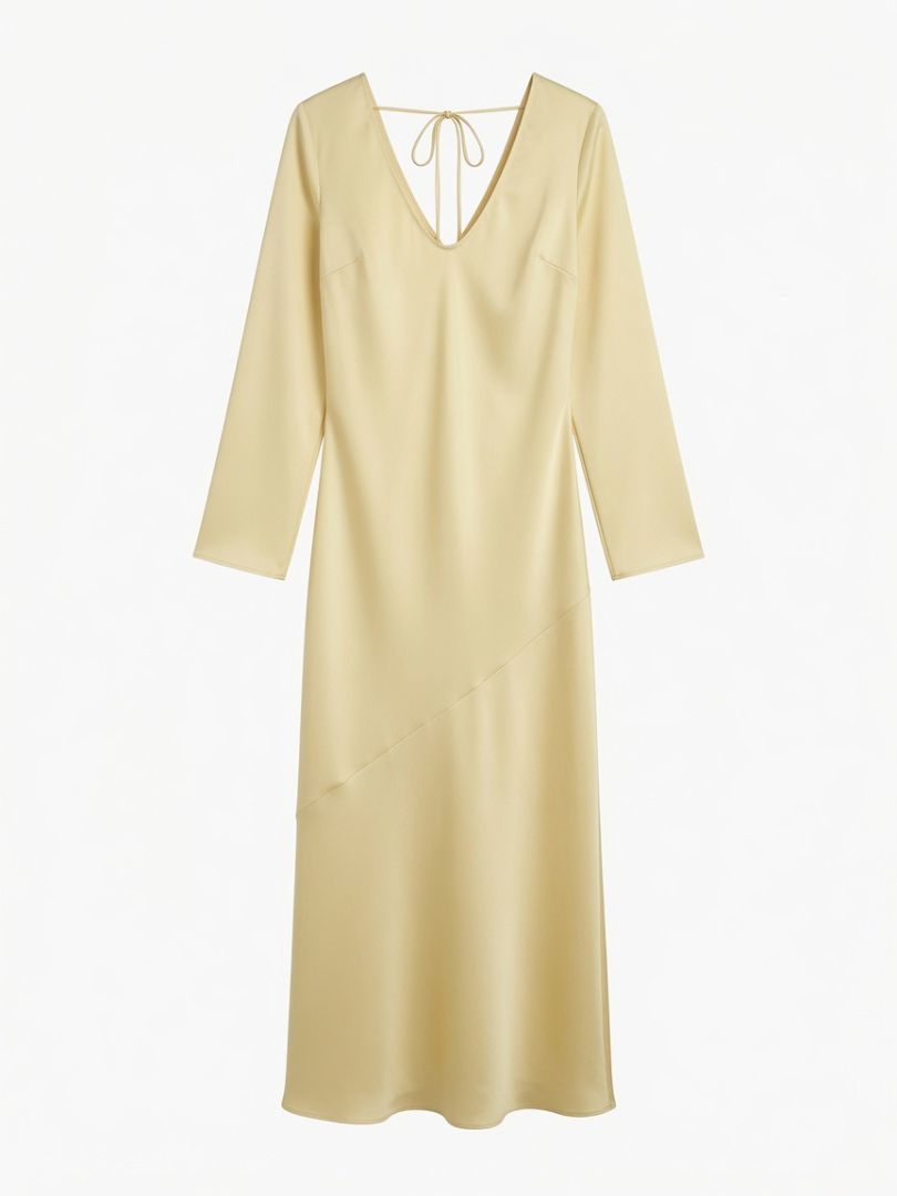 Helsa Butter Yellow Satin Scoop Neck 3/4 Sleeve Maxi Dress