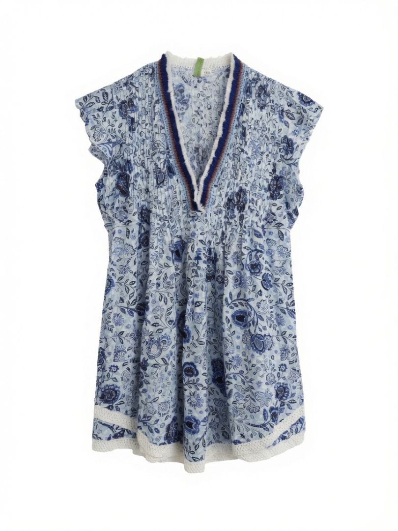 POUPETTE ST BARTH Blue and White Floral Print Boho Mini Dress Ruffle Sleeves